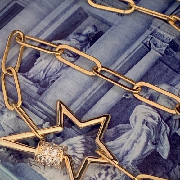 NEW! 14K Gold Plated Paperclip Chain and Zirconia Carabiner Star Choker Necklace - Picture 7 of 7